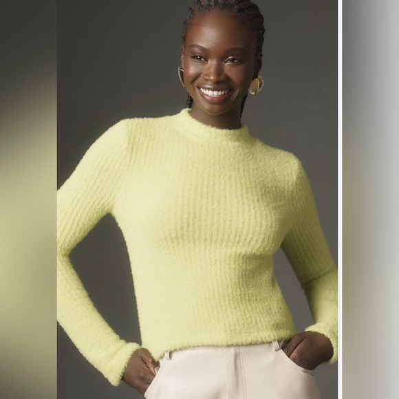 by Anthropologie Mock Neck Fuzzy Ribbed Sweater Size Medium Neon Lime Green - Picture 1 of 11